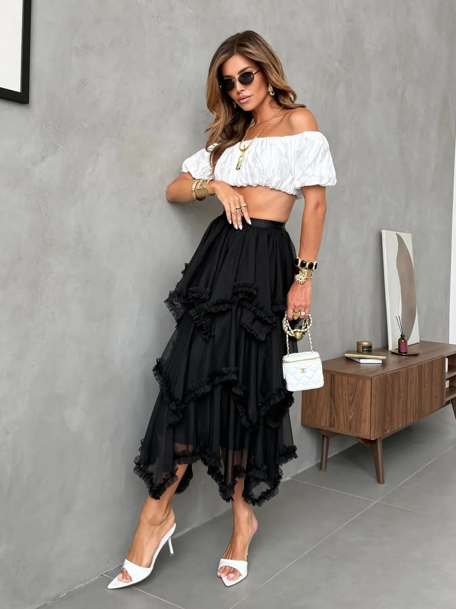 Черная длинная летняя юбка миди фатиновая асимметричная