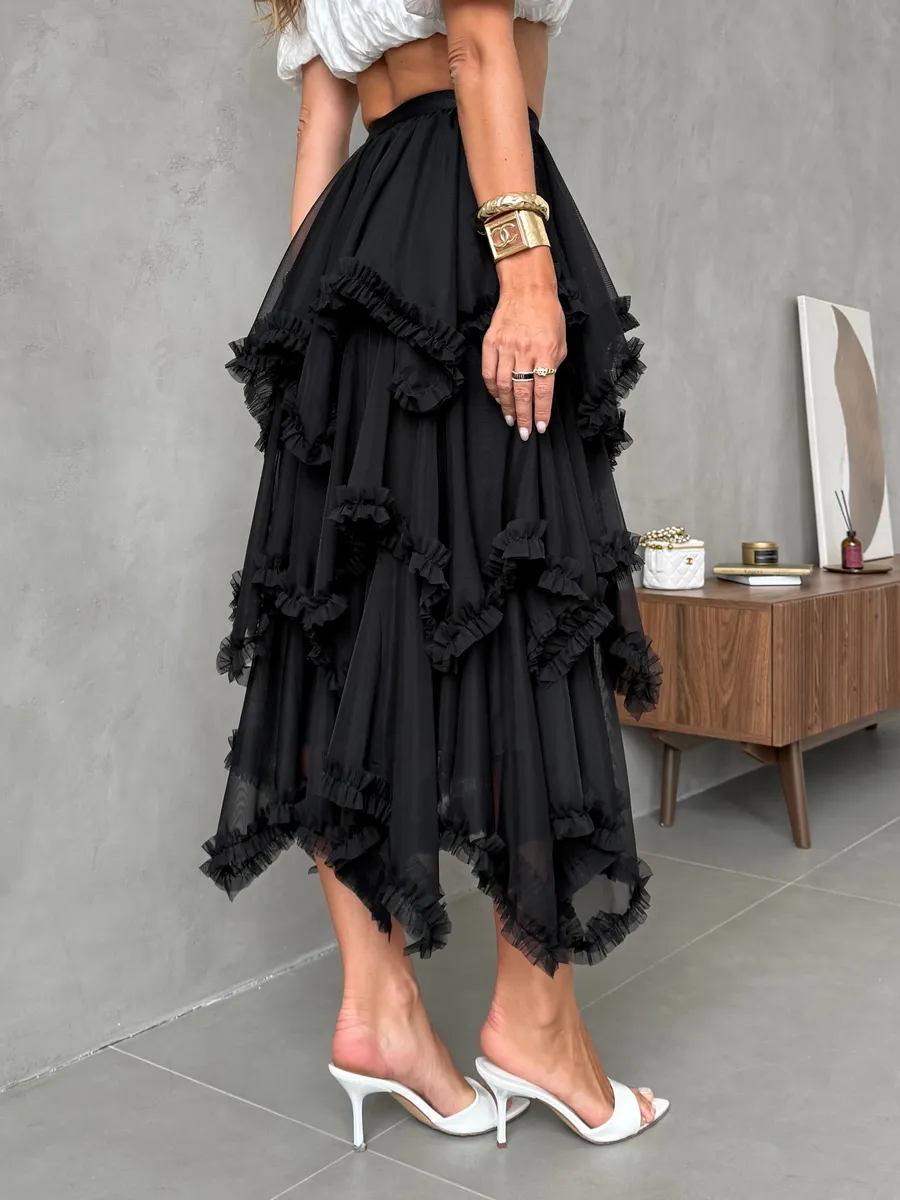 Черная длинная летняя юбка миди фатиновая асимметричная