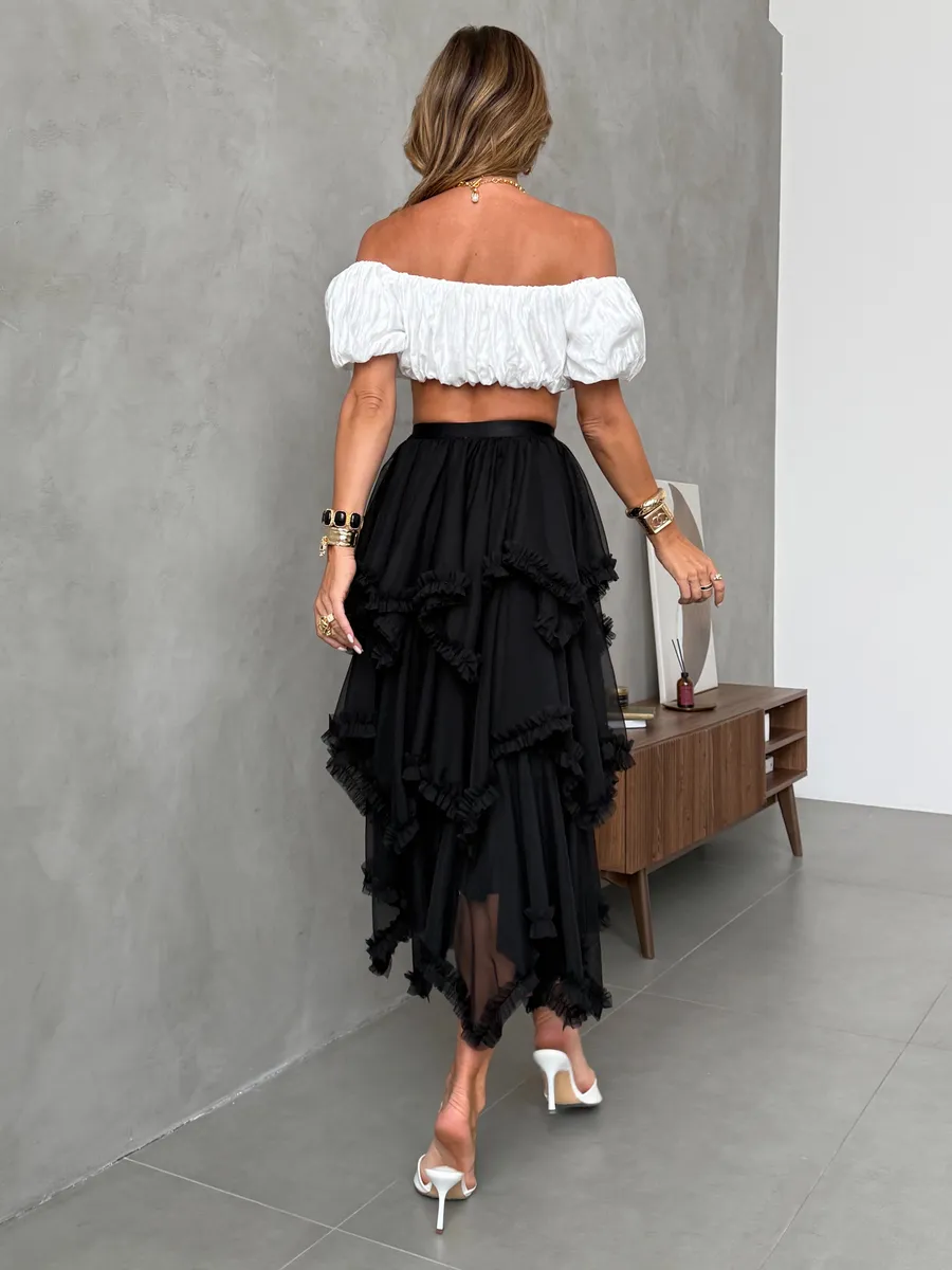 Черная длинная летняя юбка миди фатиновая асимметричная