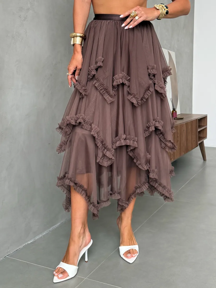 Коричневая длинная летняя юбка миди фатиновая асимметричная