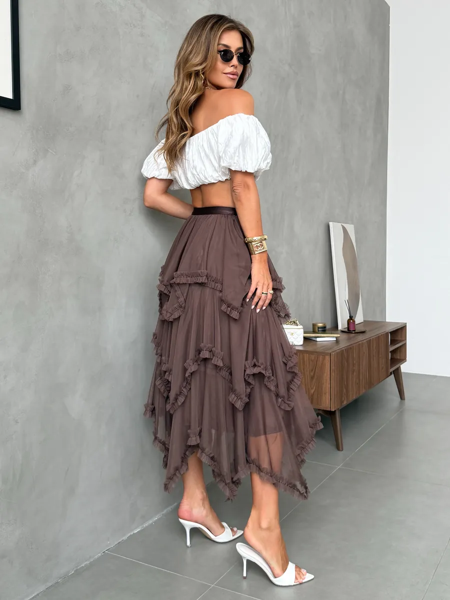Коричневая длинная летняя юбка миди фатиновая асимметричная