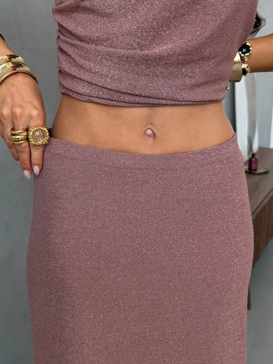 Розовый праздничный костюм с юбкой нарядный на выпускной с люрексом