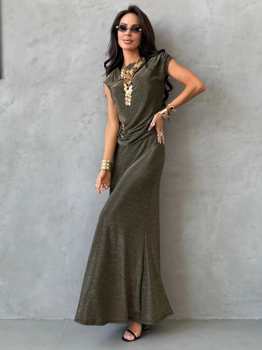 Коричневый праздничный костюм с юбкой нарядный на выпускной с люрексом