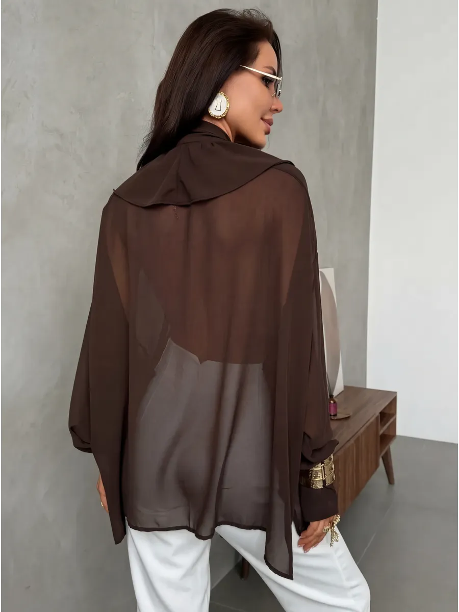 Коричневая нарядная офисная блузка праздничная с рюшами