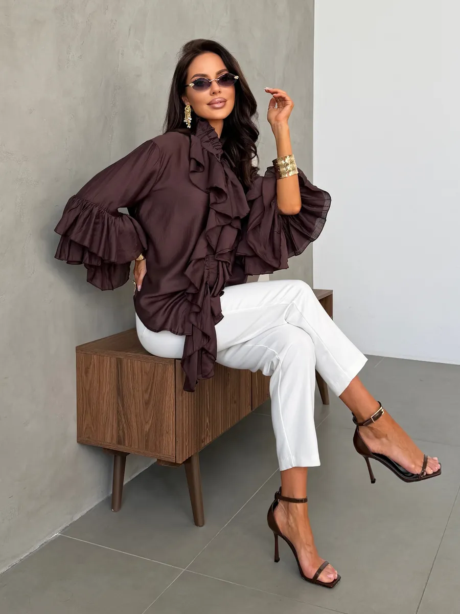 Коричневая нарядная праздничная блузка вечерняя офисная