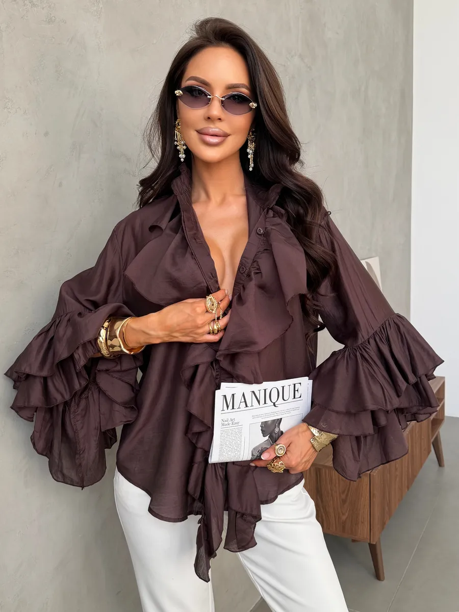 Коричневая нарядная праздничная блузка вечерняя офисная