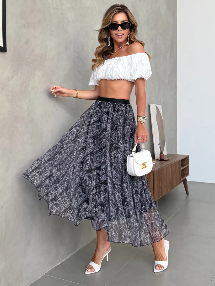 Черная длинная летняя юбка миди плиссе