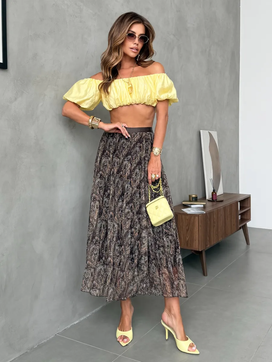 Коричневая длинная летняя юбка миди плиссе