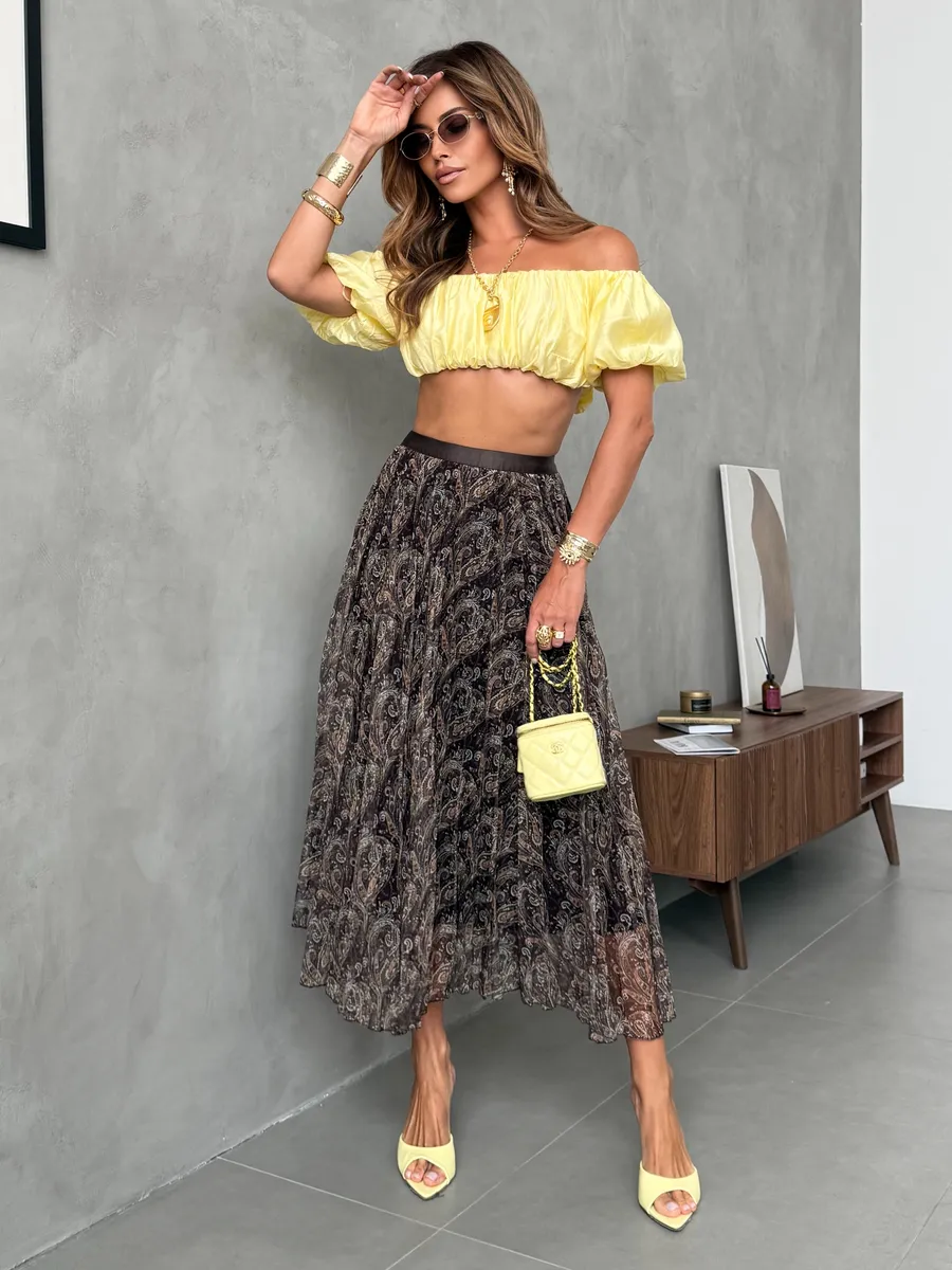 Коричневая длинная летняя юбка миди плиссе