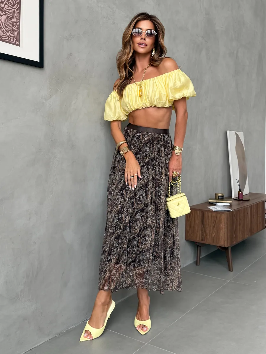 Коричневая длинная летняя юбка миди плиссе