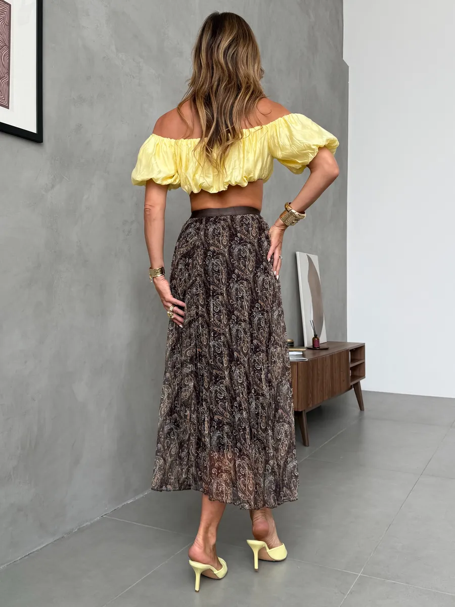 Коричневая длинная летняя юбка миди плиссе