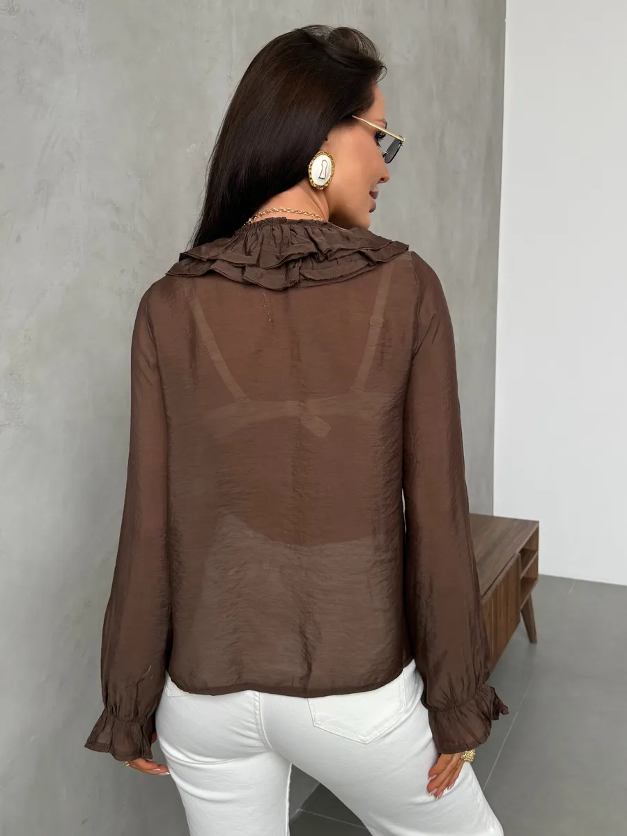 Коричневая летняя нарядная блузка офисная с рюшами и воланами
