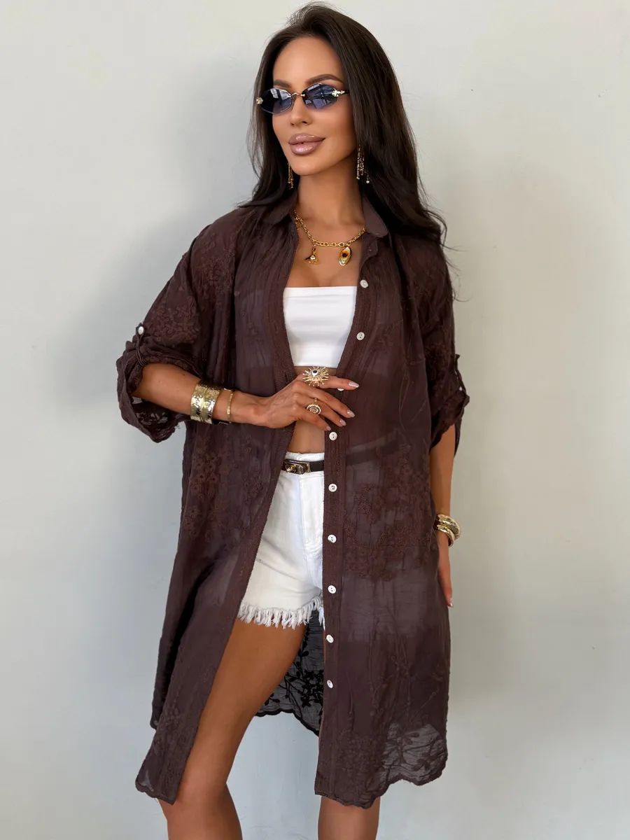 Коричневая летняя удлиненная рубашка оверсайз хлопковая с вышивкой