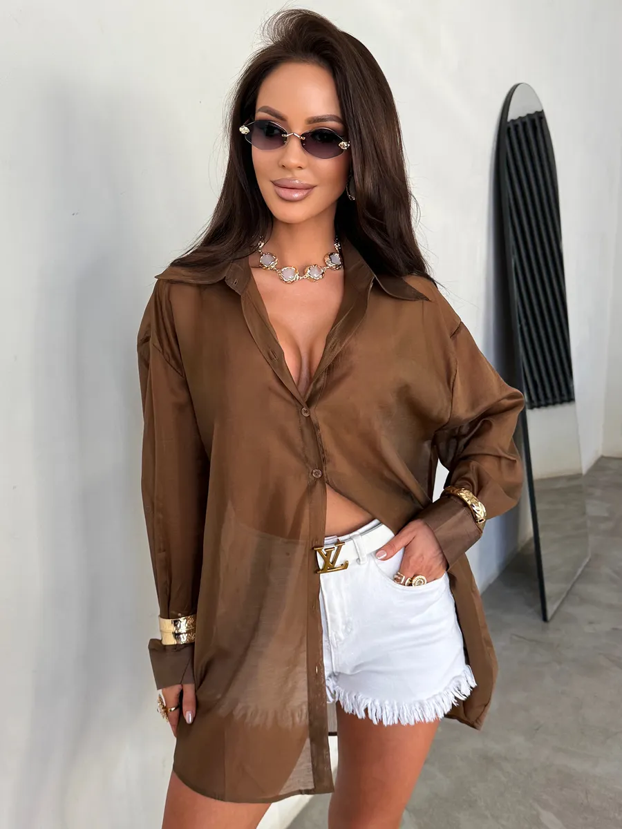 Коричневая нарядная рубашка оверсайз удлиненная летняя