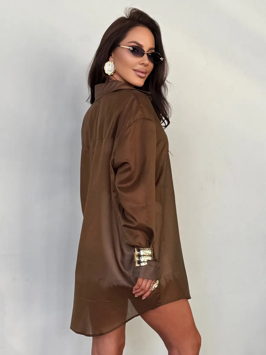 Коричневая нарядная рубашка оверсайз удлиненная летняя