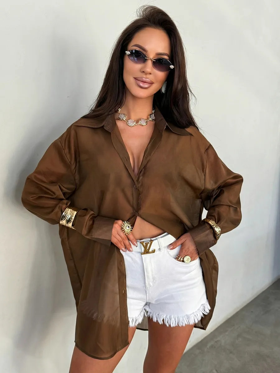 Коричневая нарядная рубашка оверсайз удлиненная летняя