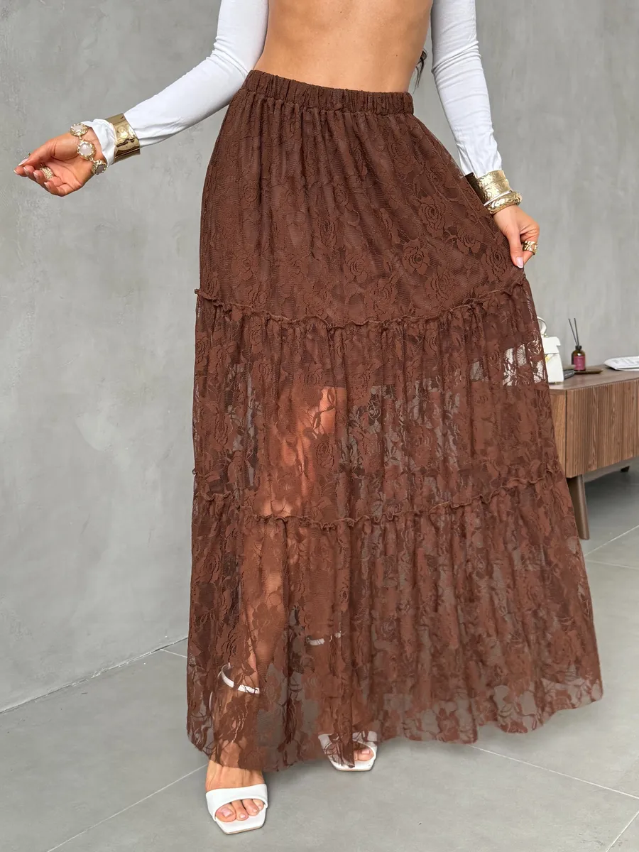 Коричневая юбка длинная праздничная нарядная из гипюра сетка