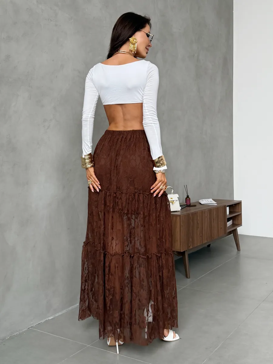 Коричневая юбка длинная праздничная нарядная из гипюра сетка