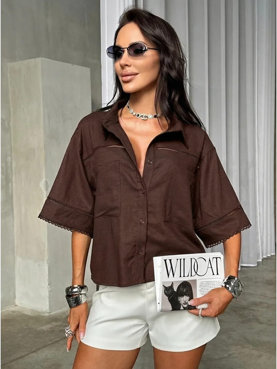 Коричневая рубашка оверсайз с коротким рукавом
