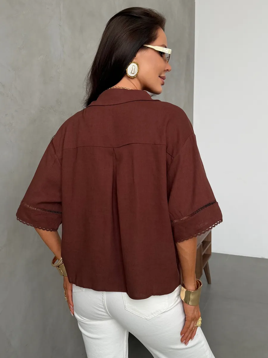 Коричневая рубашка оверсайз с коротким рукавом