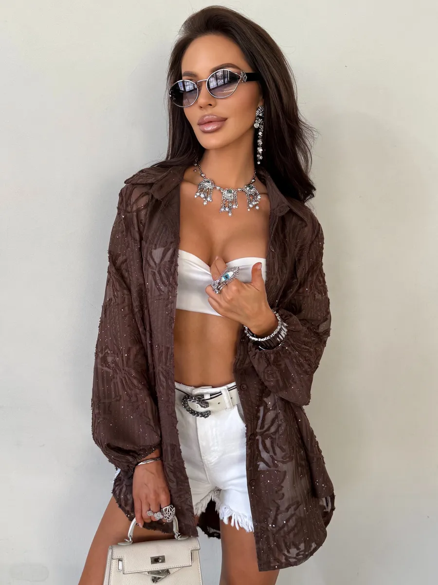 Коричневая рубашка нарядная летняя удлиненная оверсайз