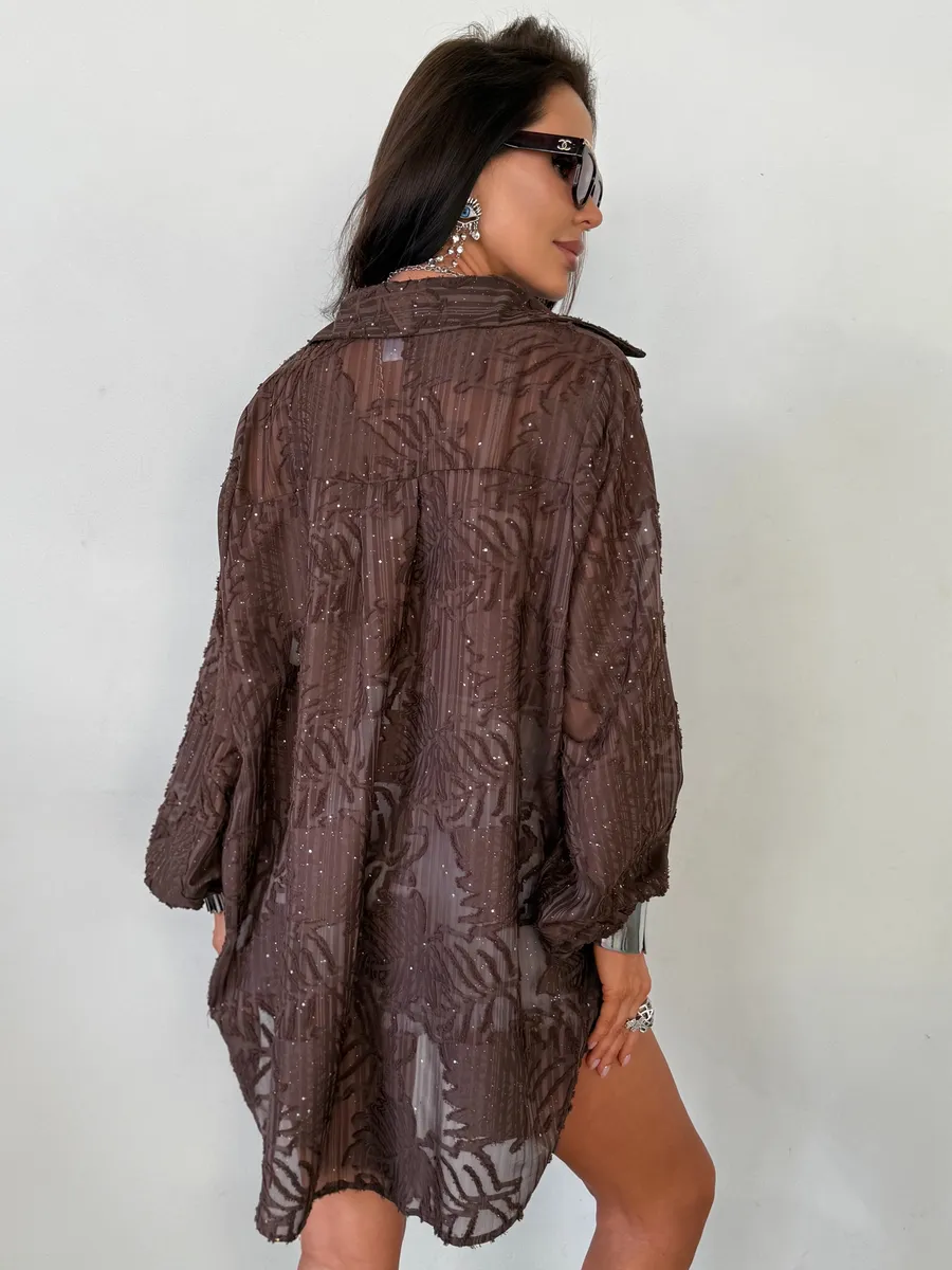 Коричневая рубашка нарядная летняя удлиненная оверсайз