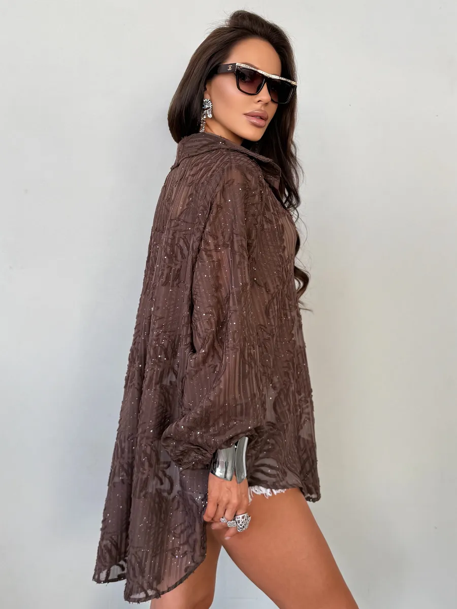 Коричневая рубашка нарядная летняя удлиненная оверсайз