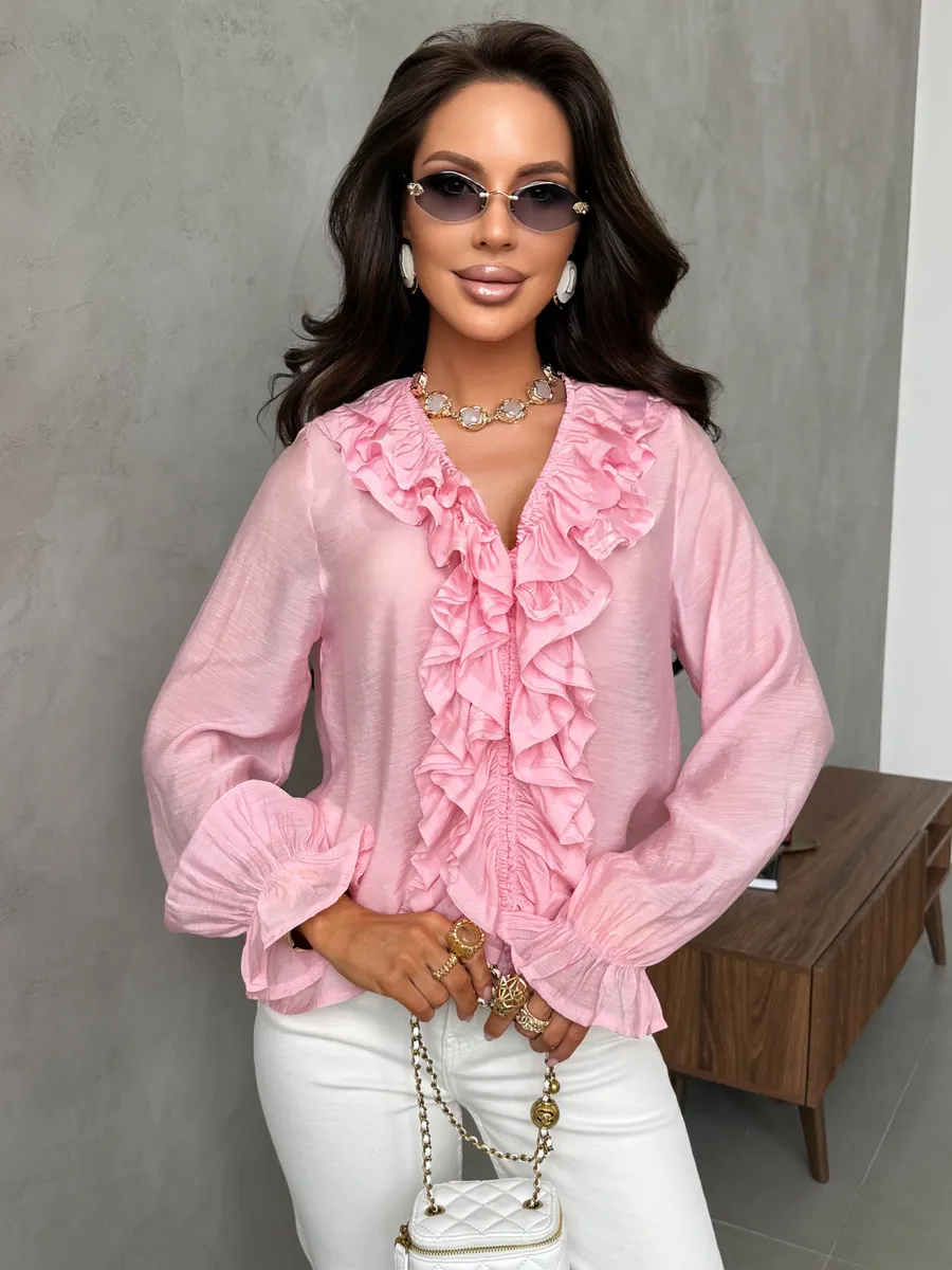 Розовая летняя нарядная блузка офисная с рюшами и воланами