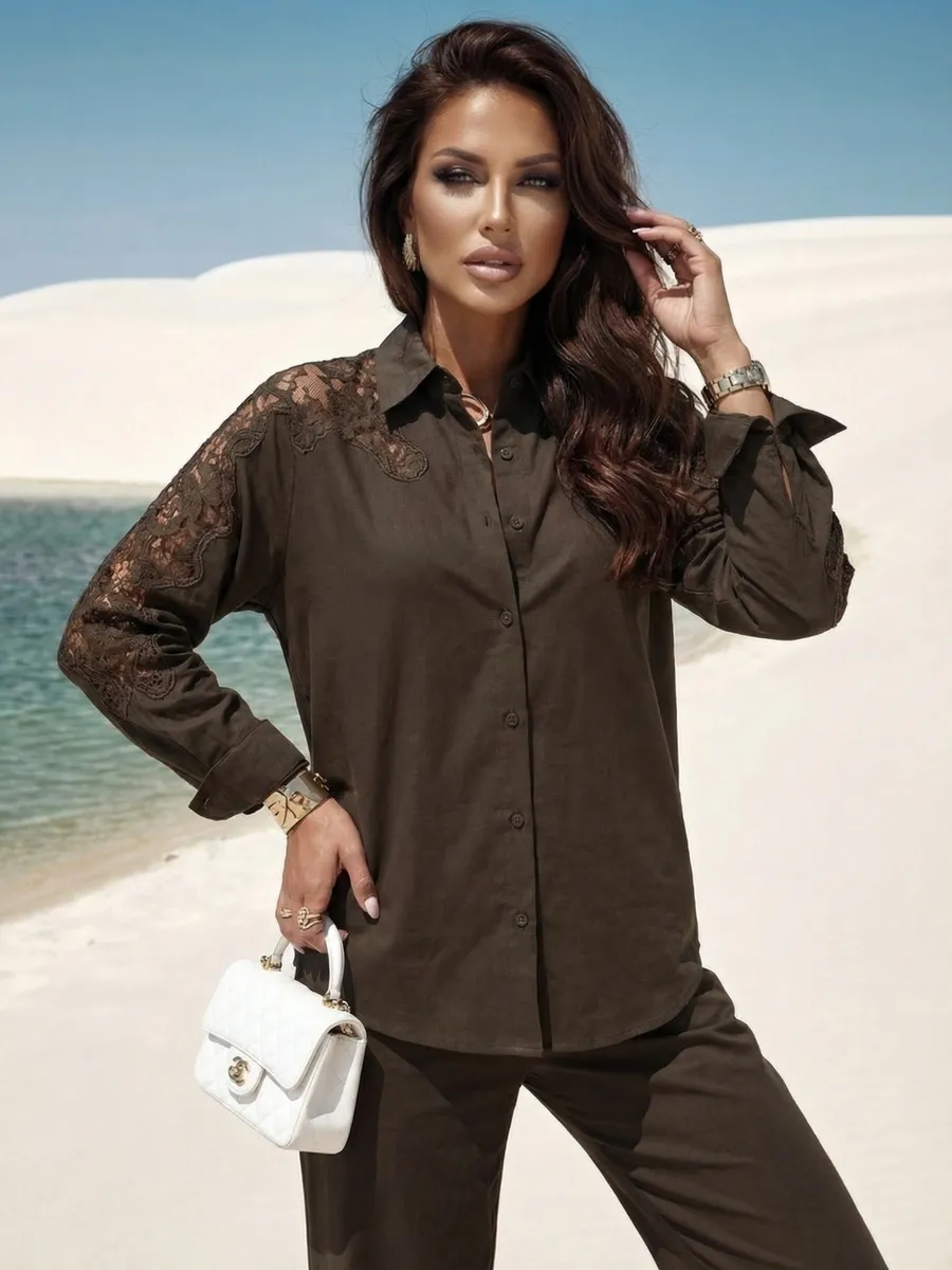 Шоколадный нарядный костюм летний льняной с брюками палаццо и рубашкой