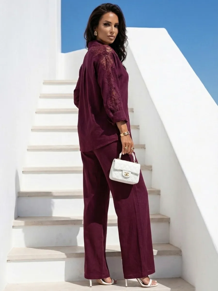 Нарядный костюм летний льняной с брюками палаццо и рубашкой