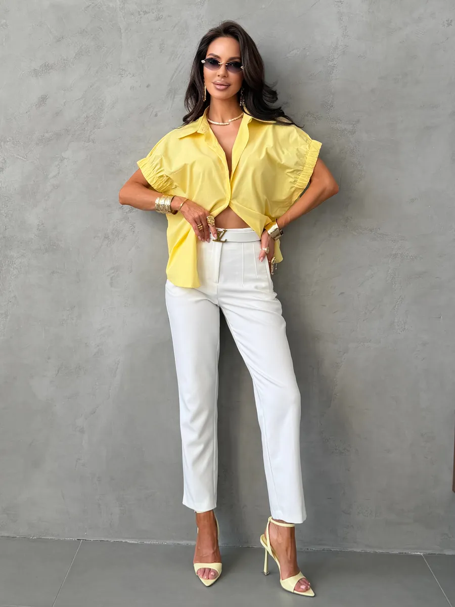Желтая летняя офисная блузка рубашка с коротким рукавом