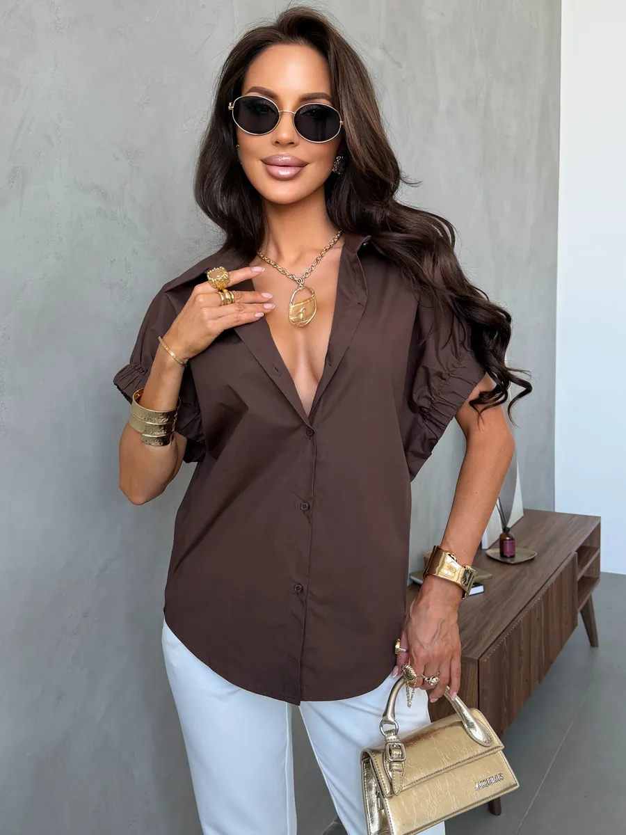 Коричневая летняя офисная блузка рубашка с коротким рукавом