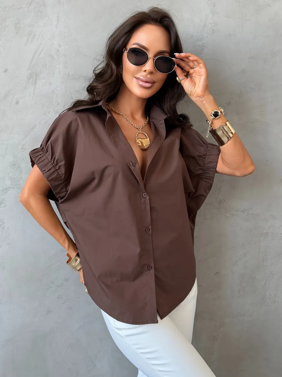 Коричневая летняя офисная блузка рубашка с коротким рукавом