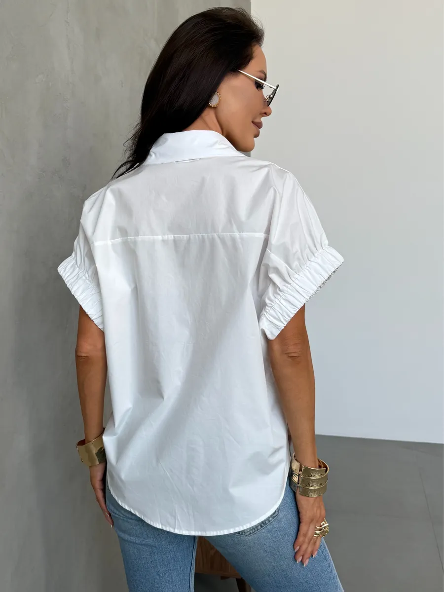 Белая летняя офисная блузка рубашка с коротким рукавом