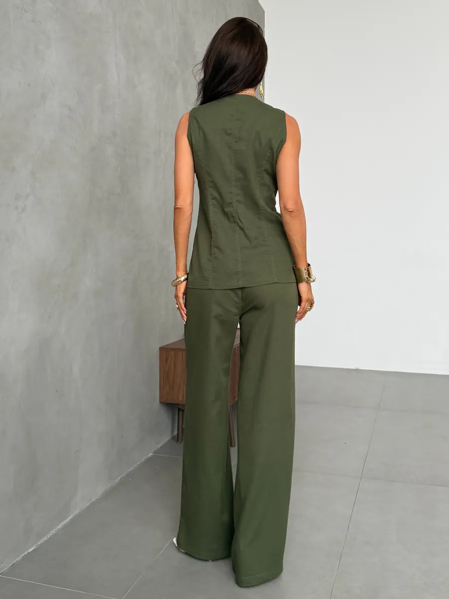 Хаки летний костюм льняной с жилетом и брюками палаццо