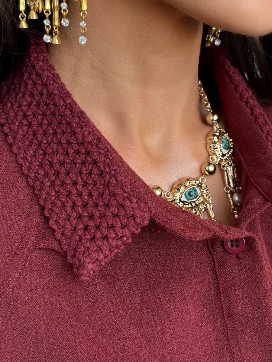 Бордовый летний костюм с рубашкой жилеткой и брюками палаццо