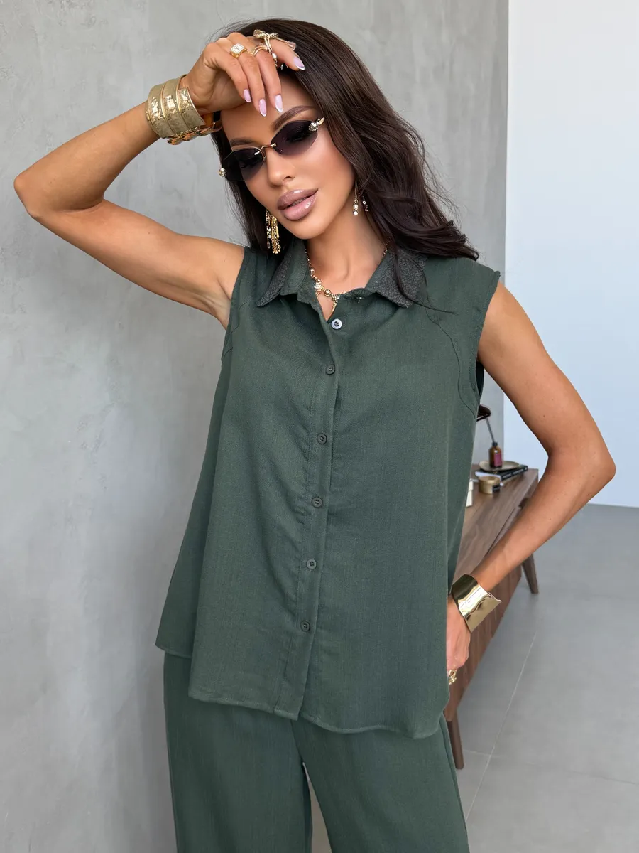 Хаки летний костюм с рубашкой жилеткой и брюками палаццо