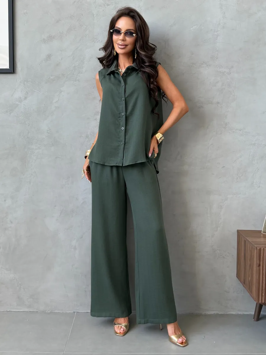 Хаки летний костюм с рубашкой жилеткой и брюками палаццо