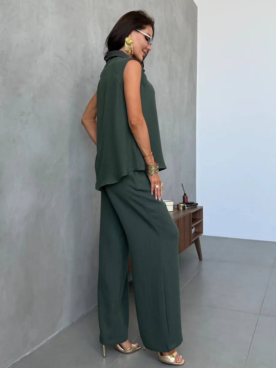 Хаки летний костюм с рубашкой жилеткой и брюками палаццо