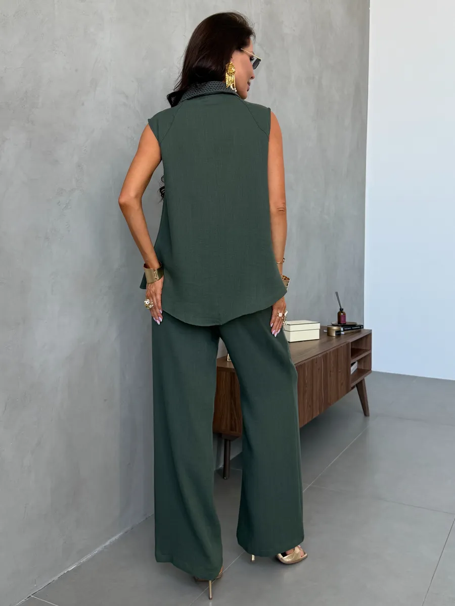 Хаки летний костюм с рубашкой жилеткой и брюками палаццо