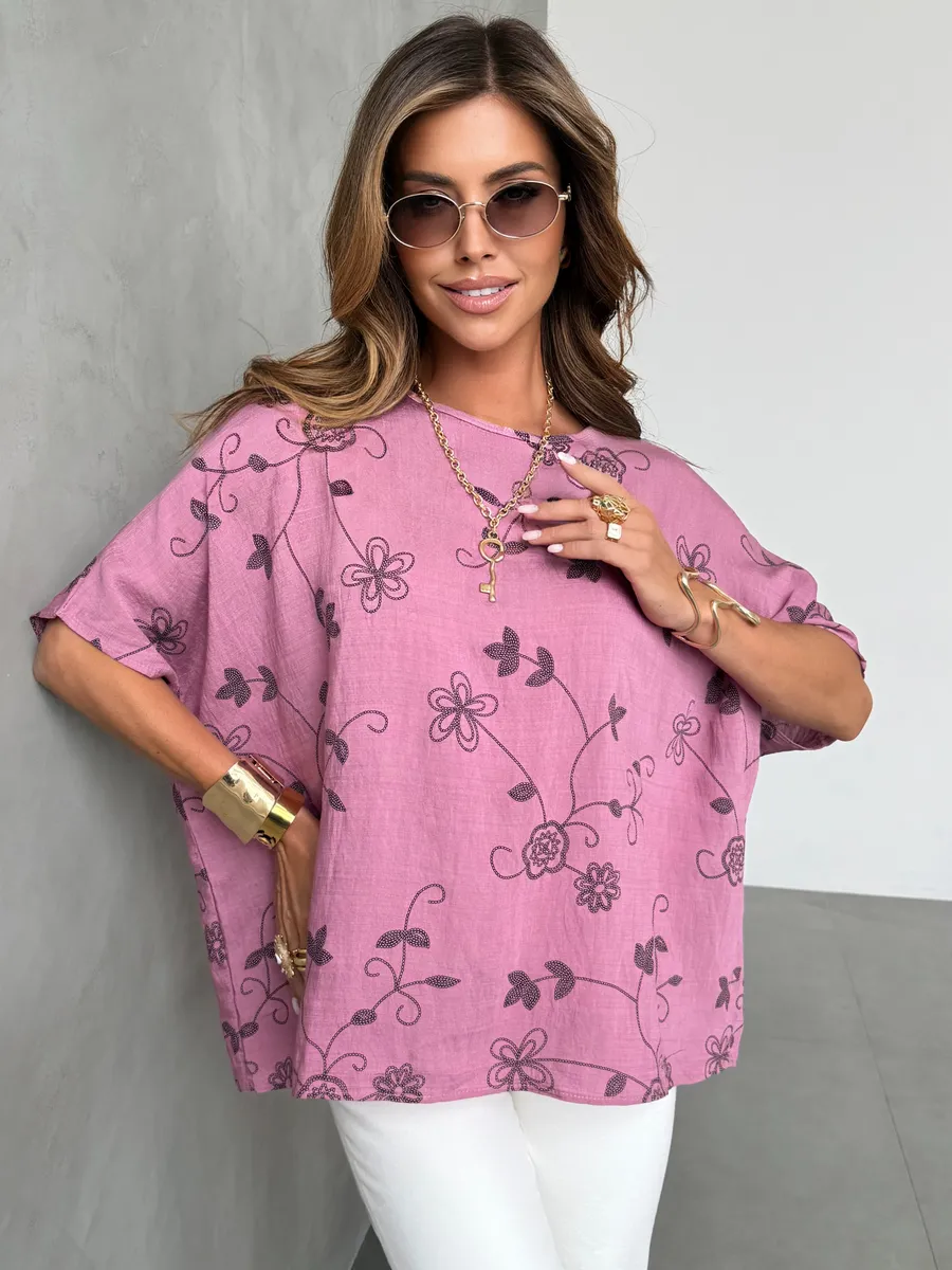 Фуксия летняя нарядная блузка больших размеров с цветочным принтом