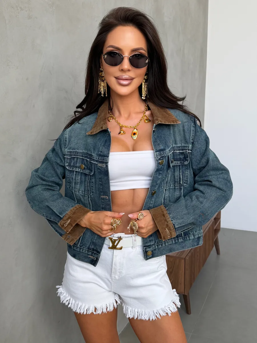 Синяя джинсовая куртка рубашка весенняя с вельветовым воротником