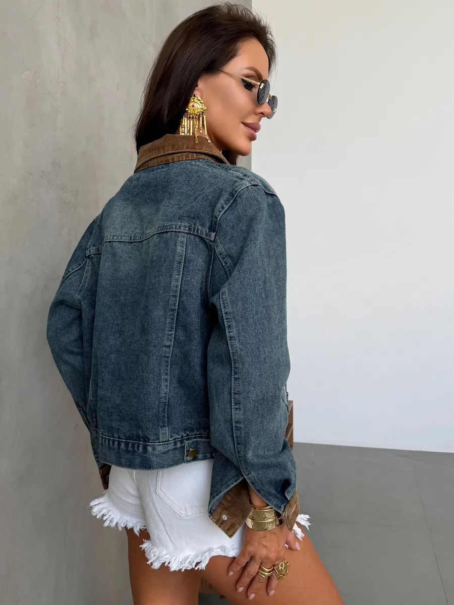 Синяя джинсовая куртка рубашка весенняя с вельветовым воротником