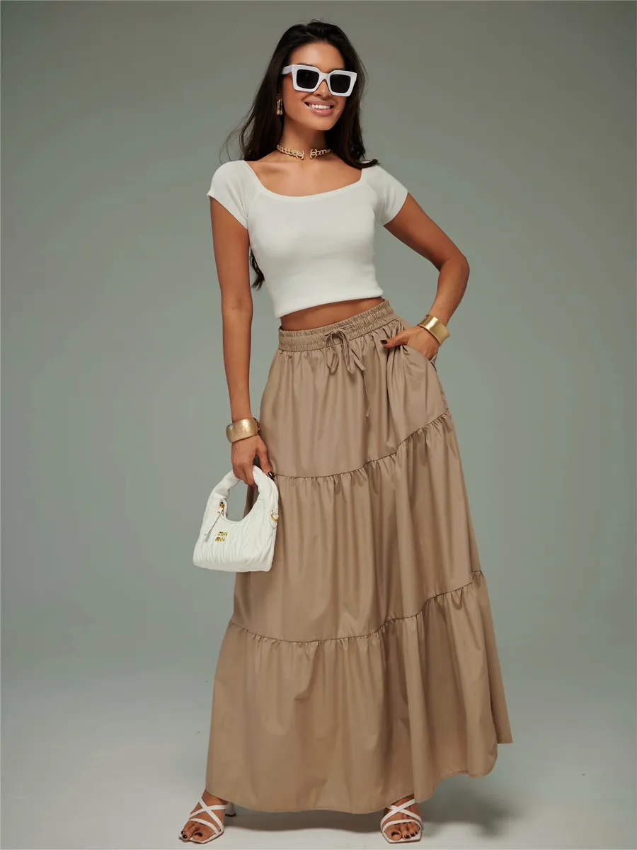 Темно-бежевая длинная летняя юбка макси