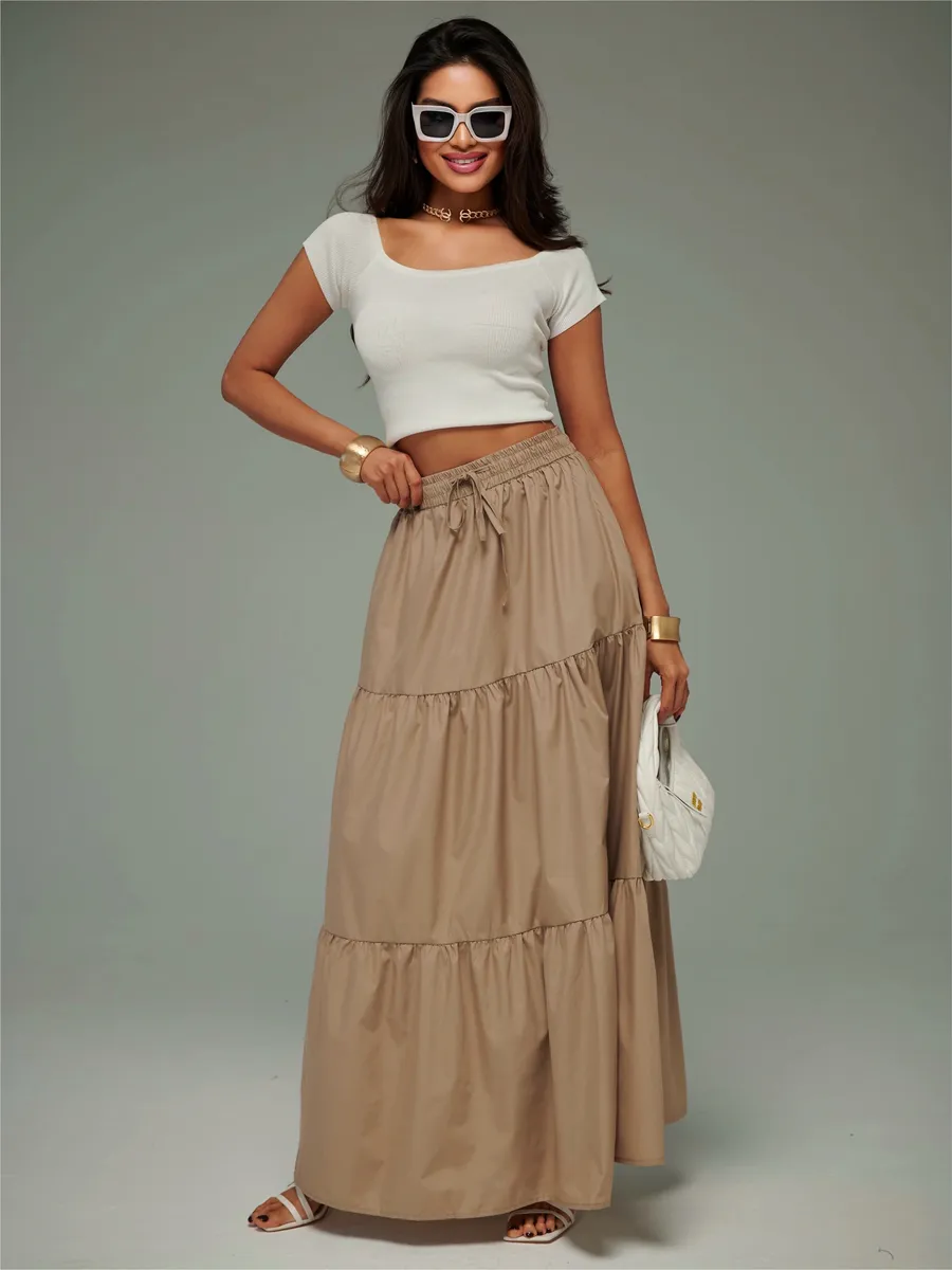 Темно-бежевая длинная летняя юбка макси