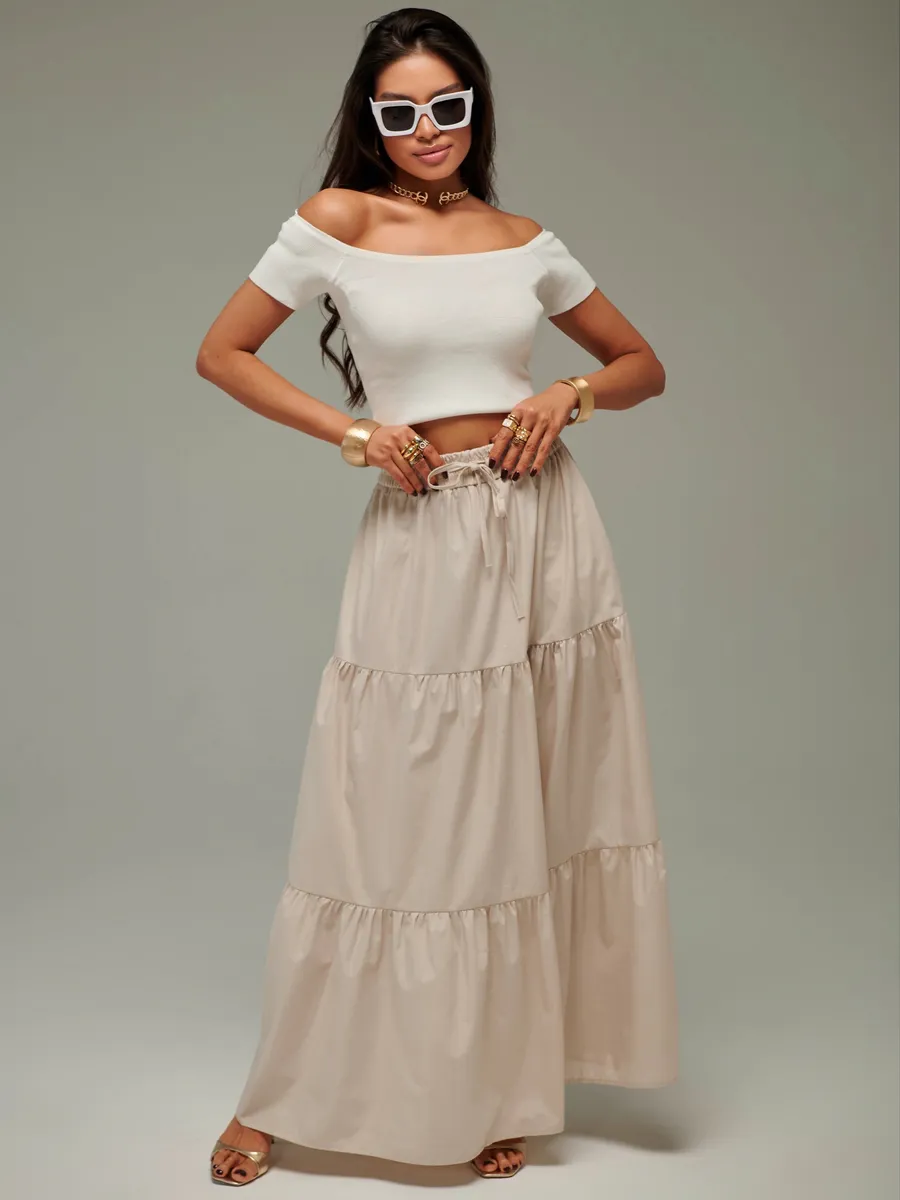 Бежевая длинная летняя юбка макси