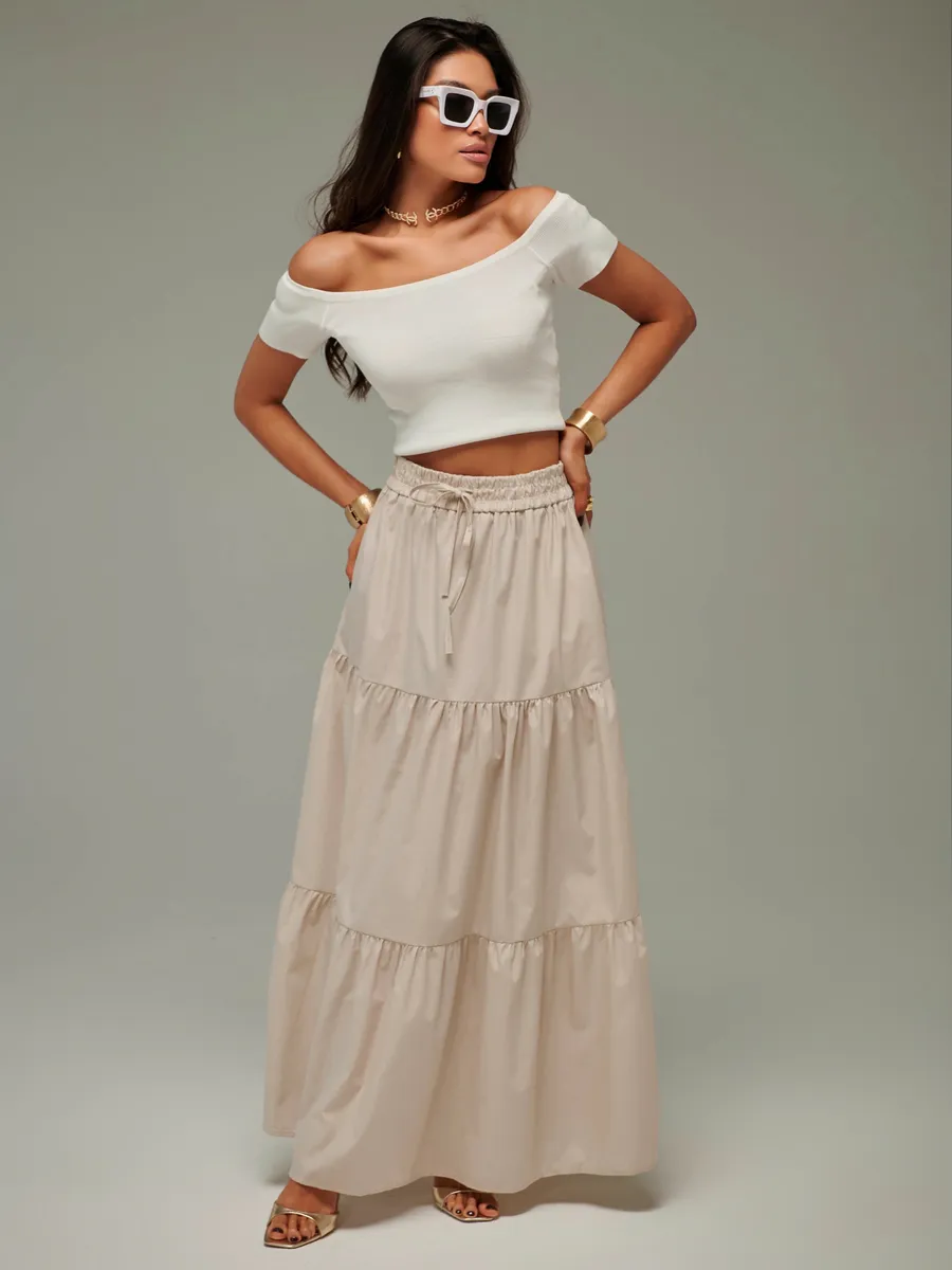 Бежевая длинная летняя юбка макси