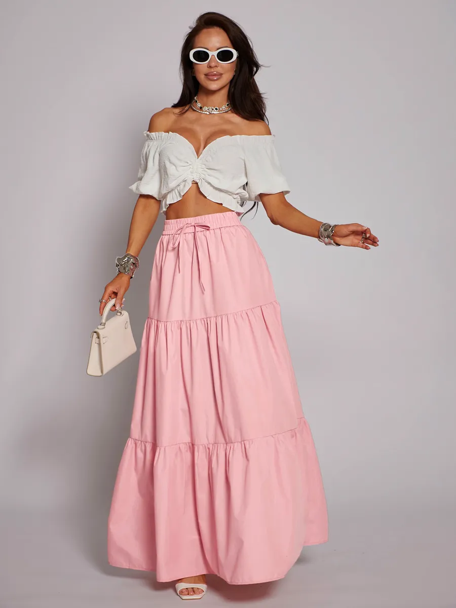 Пудровая длинная летняя юбка макси