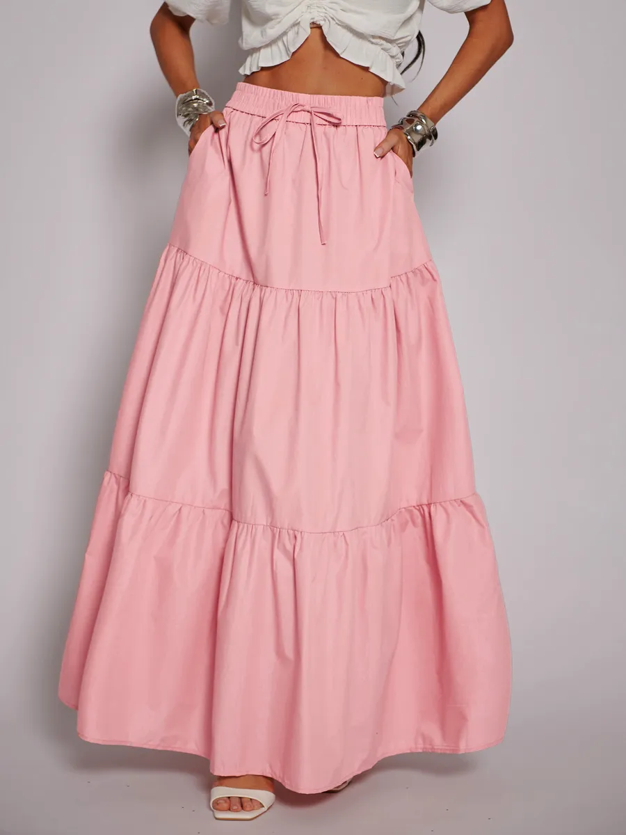 Пудровая длинная летняя юбка макси