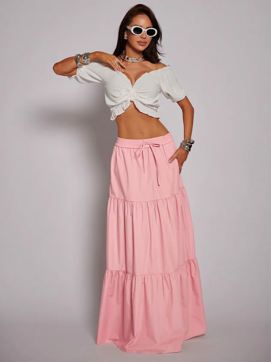 Пудровая длинная летняя юбка макси